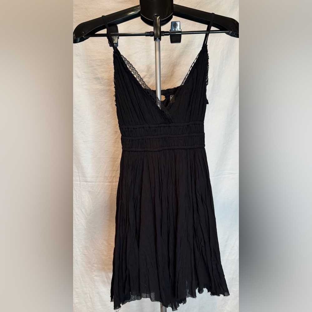 Free People FP One Delia Black Gauzy Dress W/Lace Trim Deep V Neckline Small NWT